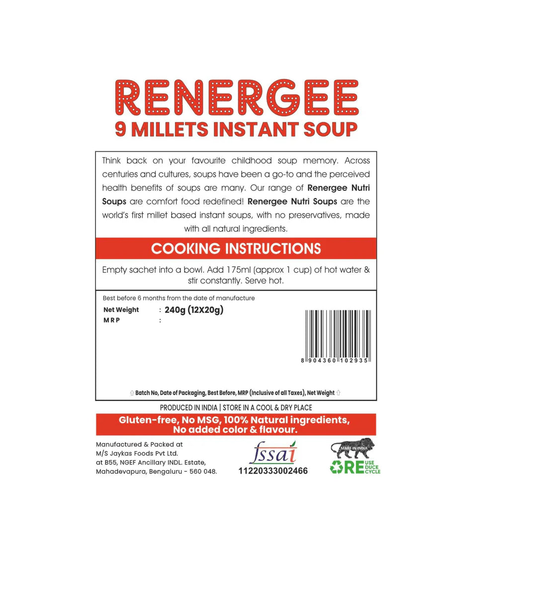 Renergee 9 Millet Instant Tomato Soup 20g X 12 Pack