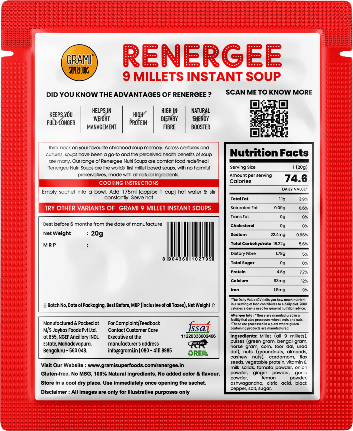 Renergee 9 Millet Instant Tomato Soup  20g X 12 Pack